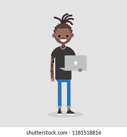Young african american tattooed character with braids holding a laptop. Lifestyle. Dreadlocks. Fashion. Flat editable vector illustration, clip art