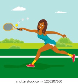 Young african american tennis girl on the tennis court. Dynamic movement