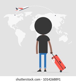 Young african american traveler looking at the map, back view. Flight. Destination. Tourism. Flat editable vector illustration, clip art