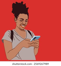 A young African American university student, casually dressed, checks her phone messages with a focused yet cheerful expression. Her posture reflects a mix of relaxation and curiosity.