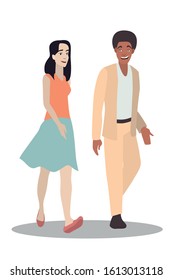 A young African American is walking and talking with a young white girl. Ideal for social advertising and presentations.