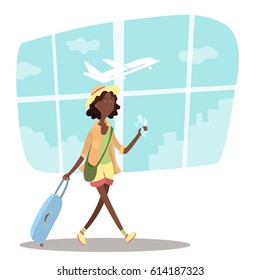 Young African American woman in airport. Traveler with luggage on airplane background. Flat vector illustration of vacation. Arrival in terminal. Adult tourist in hat with bag walking to plane.