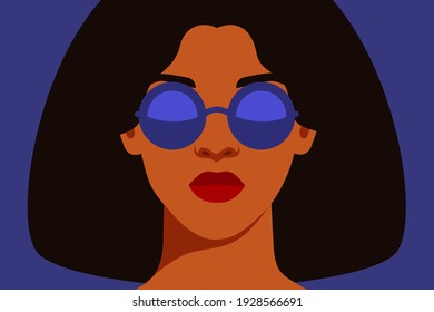 Young African American woman with black hair in blue sunglasses with reflection. Black strong girl on a blue background, front view. Vector illustration