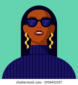 Young African American woman with black hair wearing glasses, potrait Black strong girl vector