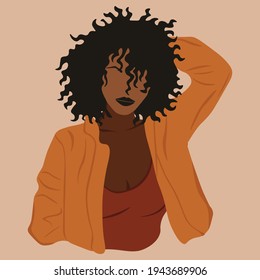 Young African American woman with black curly hair. Vector illustration.