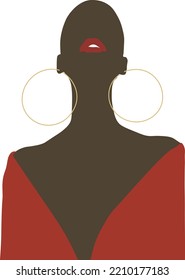 Young African American Woman With Black Curly Hair With No Hair, Red Lips, And A Red Dress. Sexy Woman With Dark Skin, African Woman Illustration