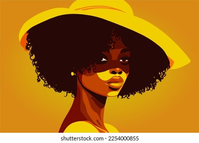 Una joven afroamericana con el pelo rizado negro usando un sombrero amarillo de gran tamaño que le cubre la cara. Niña fuerte negra con fondo amarillo, vista frontal. Ilustración del vector