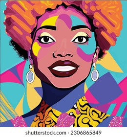 Young African American woman with black curly hair in the yellow hair abtract background, front view. Vector illustration