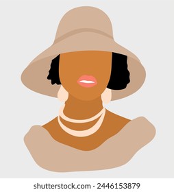 A young African American woman with black curly hair wearing a wide-brimmed hat covering her face. Vector illustration