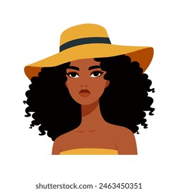 joven mujer afroamericana con el pelo negro rizado en el diseño de la Plantilla de la Ilustración vectorial del sombrero amarillo