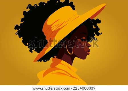 A young African American woman with black curly hair wearing a wide-brimmed yellow hat covering her face. Black strong girl on a yellow background, front view. Vector illustration