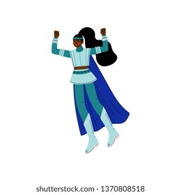 Young African American Woman in Blue Superhero Costume and Cape, Super Girl Character Vector Illustration