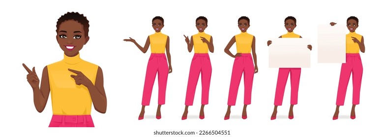 Young African American woman bright colors clothes in different poses set. Various gestures - pointing, showing, holding empty blank board isolated vector illustration