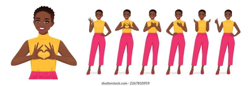 Young African American woman bright colors clothes in different poses set positive emotions. Isolated vector illustration set.