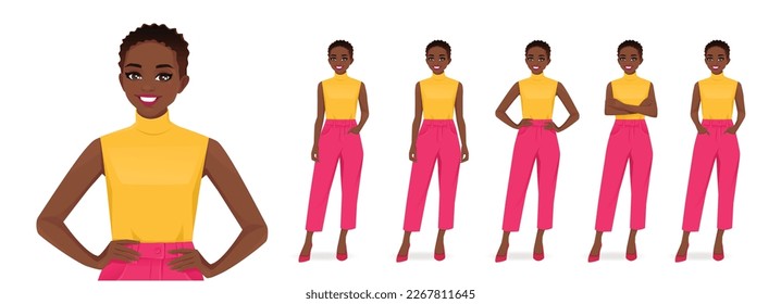 Young African American woman bright colors clothes standing in different poses set. Isolated vector illustration set