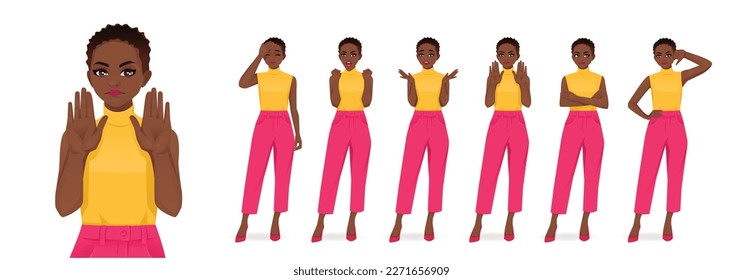 Joven afroamericana con ropa de colores brillantes que muestra emociones negativas con diferentes gestos. Conjunto de ilustraciones vectoriales aisladas