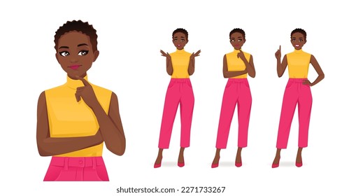 Young African American woman in bright colors clothes frustrated, thinking and making idea pointing up isolated on white background vector illustration