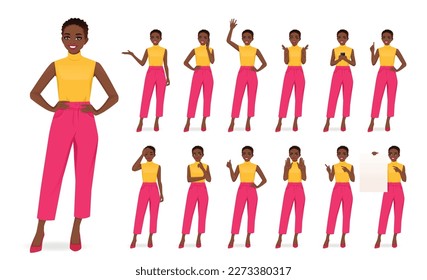 Young African American woman bright colors clothes set different gestures isolated vector illustration