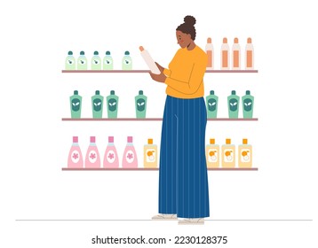 Young african american woman  buying shampoo and detergent in the supermarket.