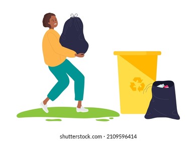 Young African American Woman Carrying Heavy Black Trash Bag To Garbage Tank. Nearby Bags Full Of Waste. Black Trash Bag, Yellow Trash Container. Waste Management. Colored Cartoon Vector Illustration