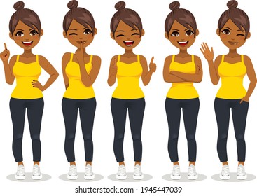 Young African American woman in casual clothes making different gestures isolated vector illustration