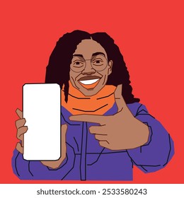 Una joven afroamericana con un teléfono celular sonriendo señalándolo y mostrando la pantalla mientras usa gafas.