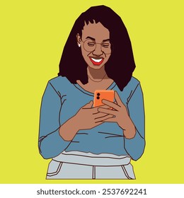 
A young African American woman with a cell phone smiling and wearing glasses.