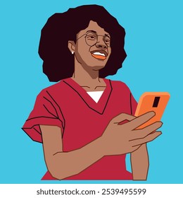 A young African American woman with a cell phone looking happy while wearing glasses