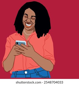 A young African American woman with a cell phone smiling reading her messages. 