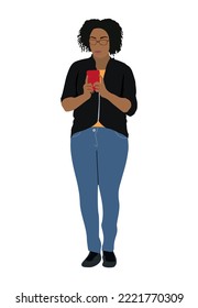 Young African American woman chatting by smartphone vector realistic illustration. Attractive girl holding mobile phone, wearing casual outfit. Cartoon female character isolated on white background.