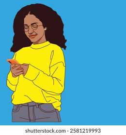 A young African American woman in a cozy yellow sweater, smiling as she reads her cell phone messages, exuding warmth and positivity in a relaxed setting.