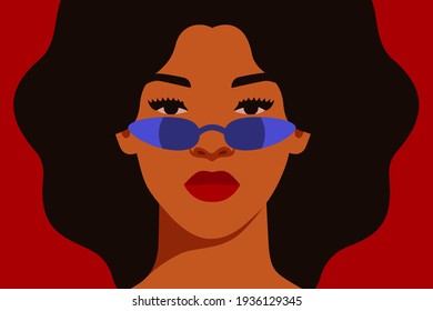 Young African American woman with curly black hair in blue sunglasses with reflection. Black strong girl on a red background, front view. Vector illustration