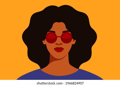 Young African American woman with curly black hair in red circle sunglasses with reflection. Black strong girl on a yellow background, front view. Vector illustration