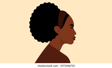 Young African American woman curly black hair. Close-up female portrait of black bright girl, avatar. Attractive student, strong activist, pretty girl. Single person on beige background. Modern vector