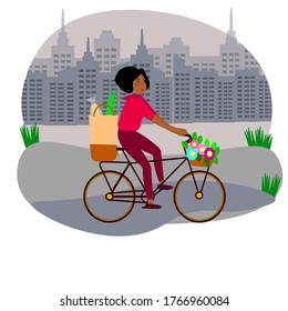 Young African American Woman Delivering Food And Flowers With Bicycle. Young Woman Is Going To Visit Parents Or Some Older Person. Cartoon Illustration.