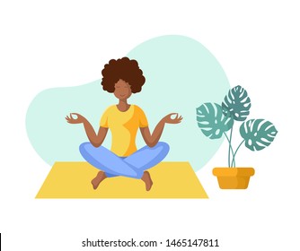 Young african american woman doing yoga on mat, girl is in lotus pose doing exercise and meditation. Female character in flat style. Isolated figure and potted flower, vector illustration