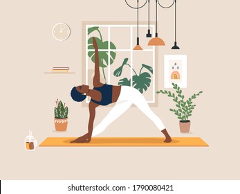 Young african american woman doing yoga exercises, practicing meditation and stretching on the mat. Black female character practicing in yoga studio or home. Trendy flat vector illustration.