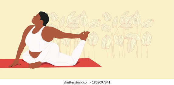 Young african american woman doing yoga exercises in white sportswear. Plus siize fitness girl practicing stretching on the mat. Body Positive, sport vector concept illustration. 