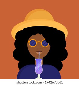 Young African American woman drinks cocktail in the yellow hat. Vector illustration
