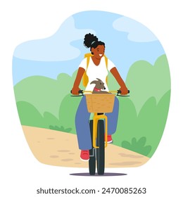 Young African American Woman Enjoying A Bike Ride With Her Dog Sits In The Front Basket. They Are Surrounded By Lush Greenery Under A Clear Blue Sky, Sharing A Moment Of Joy And Companionship, Vector