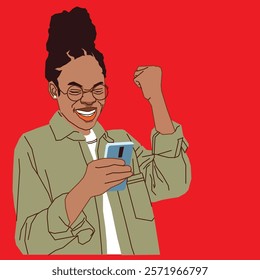 A young African American woman with an excited expression, holding her phone and reading messages, her eyes wide with delight and a big smile on her face