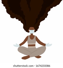 Young african american woman with face mask sitting in lotus position and doing yoga, flat style. Stress concept vector illustration. Quarantine, coronavirus epidemia safety.