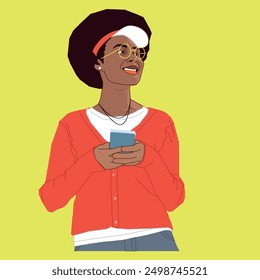 
A young African American woman with a face cap pressing her phone