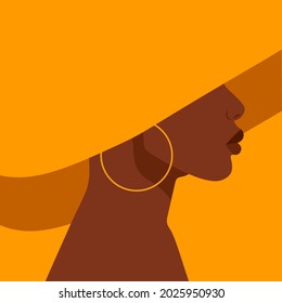 Young African American woman. Female character with dark skin and big yellow hat. Half of face in profile. Avatar for social networks. Cartoon flat vector illustration isolated on yellow background