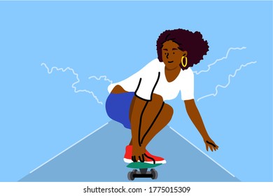  Young african american woman girl teenager athlete character riding skateboard and performing tricks. Active summer extreme lifestyle illustration