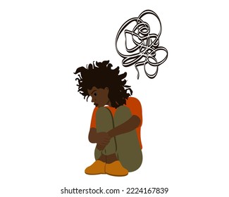 A young African American woman or girl suffering from a mental illness sits on the floor. Symptoms of teenage depression, panic attack, after the death of a parent or friend. Vector illustration