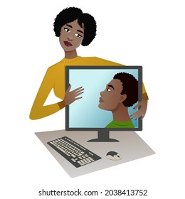 Young African American woman has chat in Internet with an African American man, conceptual image of internet dating, vector image, eps10