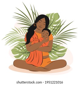 Una joven afroamericana está tomando de la mano a un bebé recién nacido. Madre e hijo entre las plantas tropicales. Familia, salud, concepto de maternidad, Feliz Día de la Madre. Ilustración vectorial plana