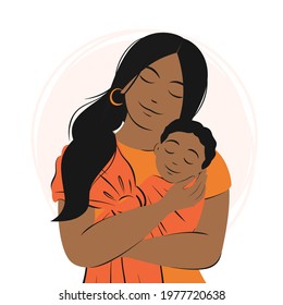 Young african american woman is holding newborn baby. Baby  feeling love from his mother. Family, health, care, maternity concept, Happy Mother's Day.  Flat vector illustration.