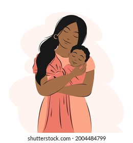 Una joven afroamericana sostiene a un bebé recién nacido. Familia, salud, cuidado, concepto de maternidad, Feliz Día de la Madre.  Ilustración vectorial plana.